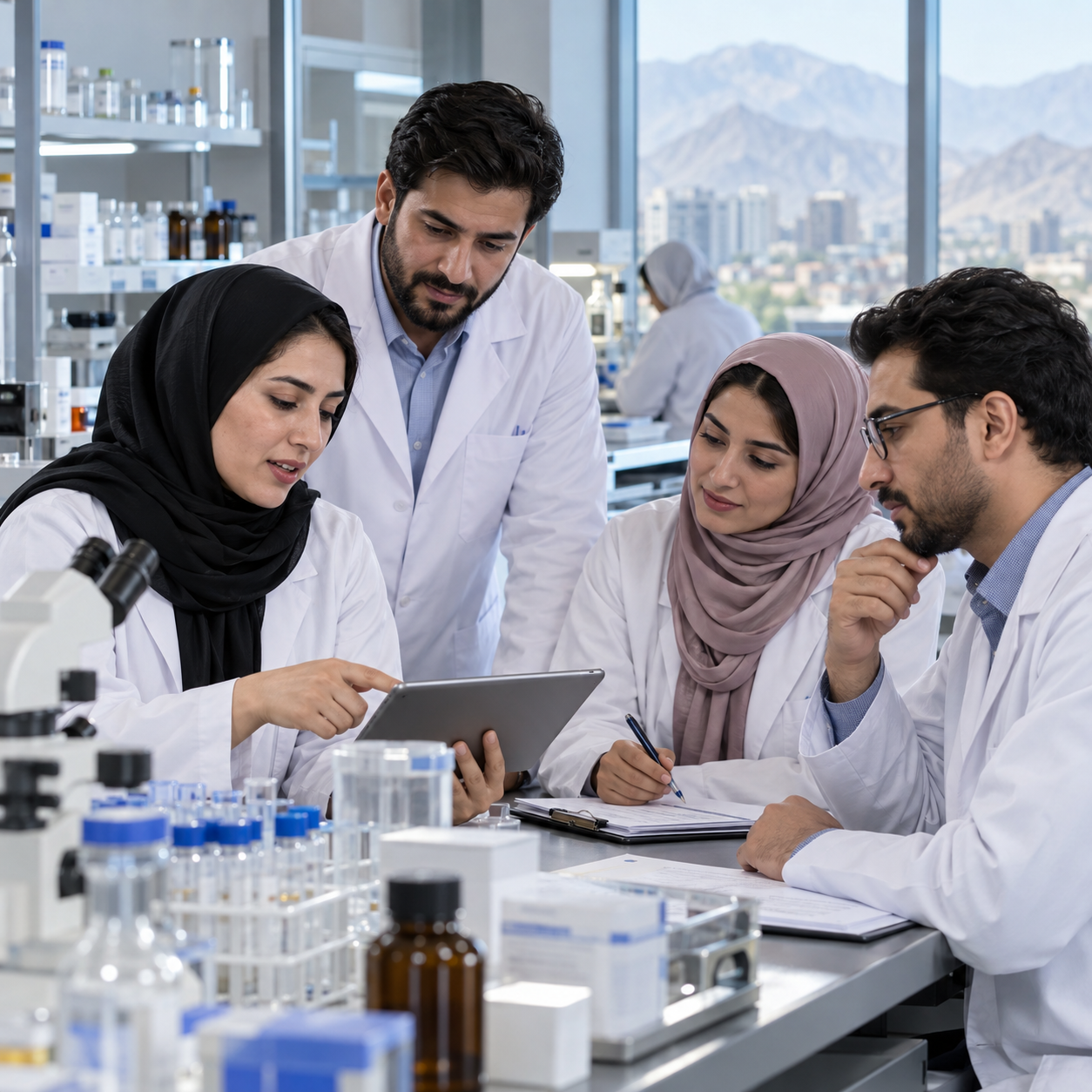 Pharmaceutical team collaborating in a laboratory