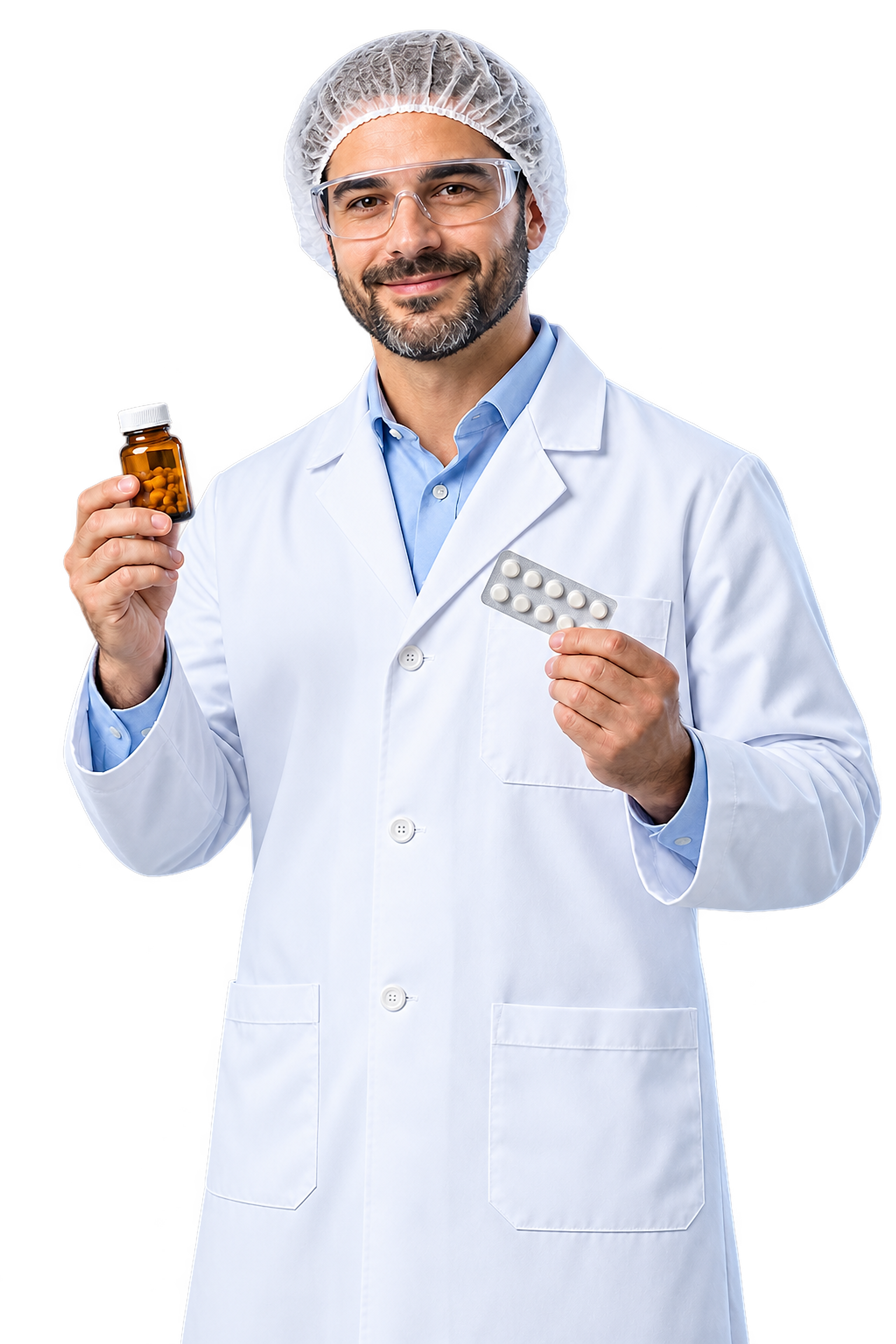 Pharmaceutical scientist holding medicine products